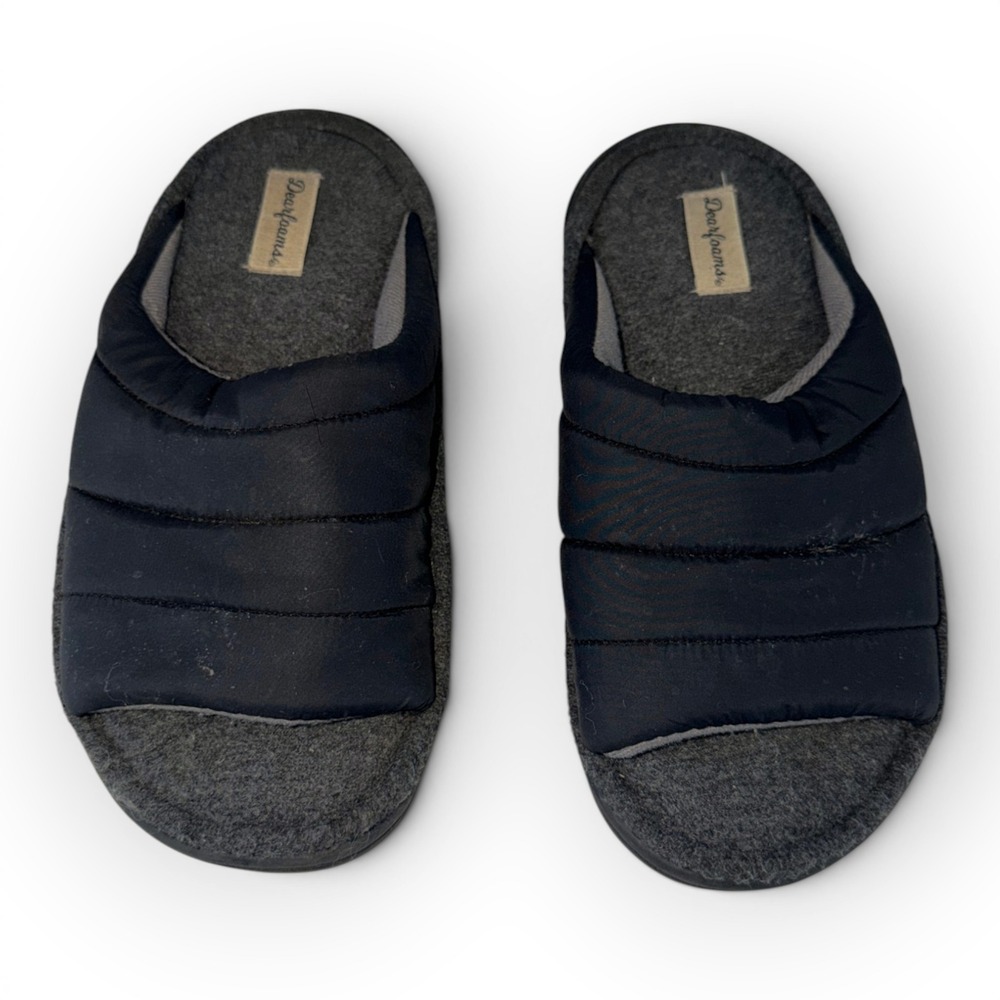 Dearfoams Mens Quilted Puffer Slide Slippers Navy Blue Grey Size S 7-8
